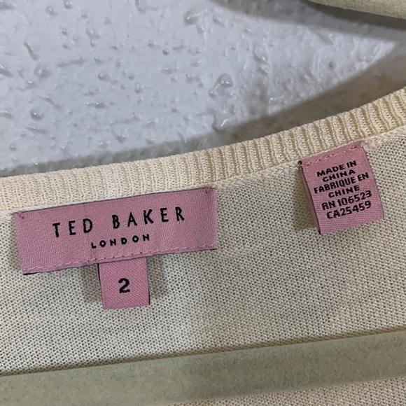Ted Baker London 100% Silk Ruff Front Bow Back Cream Cardigan Sweater size S - Picture 2 of 15